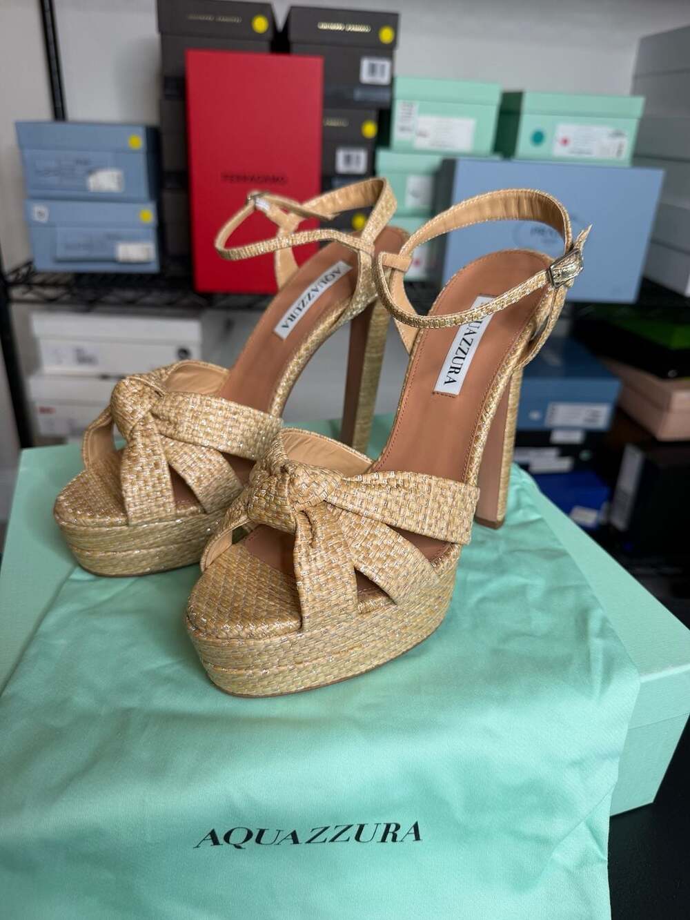 Aquazzura Nina Plateau 130 Natural  Raffia Platform Sandals EU 39 MSRP $1,300